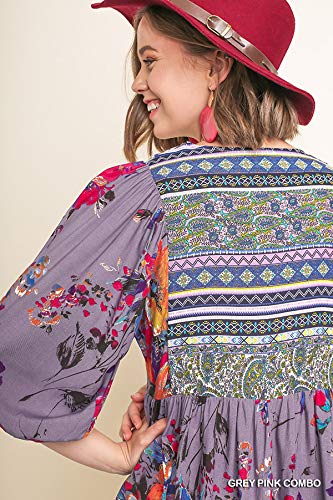 Umgee Womens Bohemian Tunic or Dress (Small, Grey Pink Combo)
