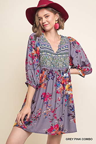 Umgee Womens Bohemian Tunic or Dress (Small, Grey Pink Combo)