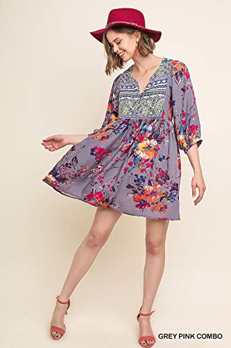 Umgee Womens Bohemian Tunic or Dress (Small, Grey Pink Combo)