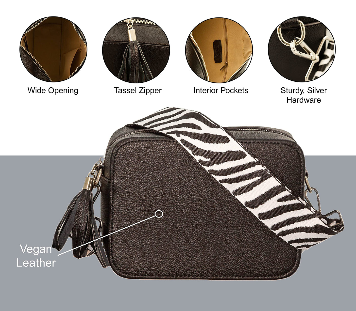Pinafore Pebble Vegan Leather Crossbody Fashion Shoulder Bag with Adjustable Guitar Strap