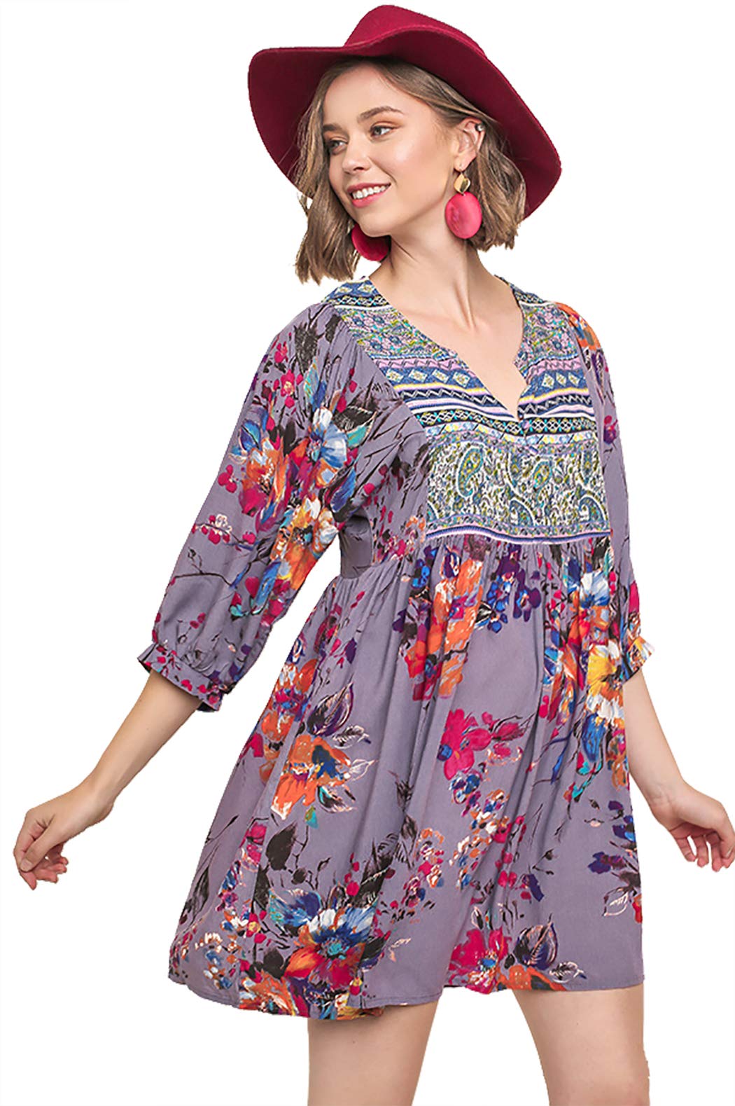 Umgee Womens Bohemian Tunic or Dress (Small, Grey Pink Combo)