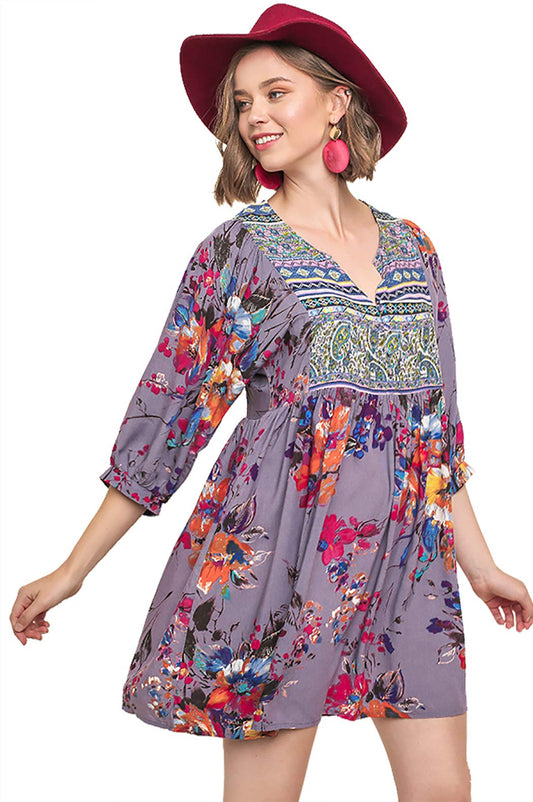 Umgee Womens Bohemian Tunic or Dress (Small, Grey Pink Combo)