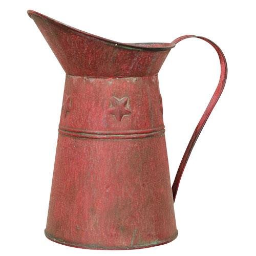 Watering Can - Distressed Red Metal with Stars - Country Rustic Primitive Jug Vase