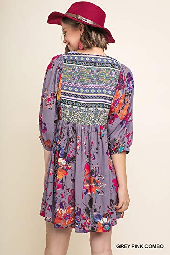 Umgee Womens Bohemian Tunic or Dress (Small, Grey Pink Combo)
