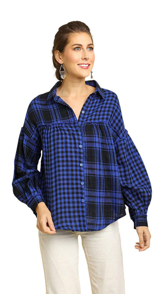 Umgee Women's Plaid & Checkered Light Weight Button Up Tunic Top